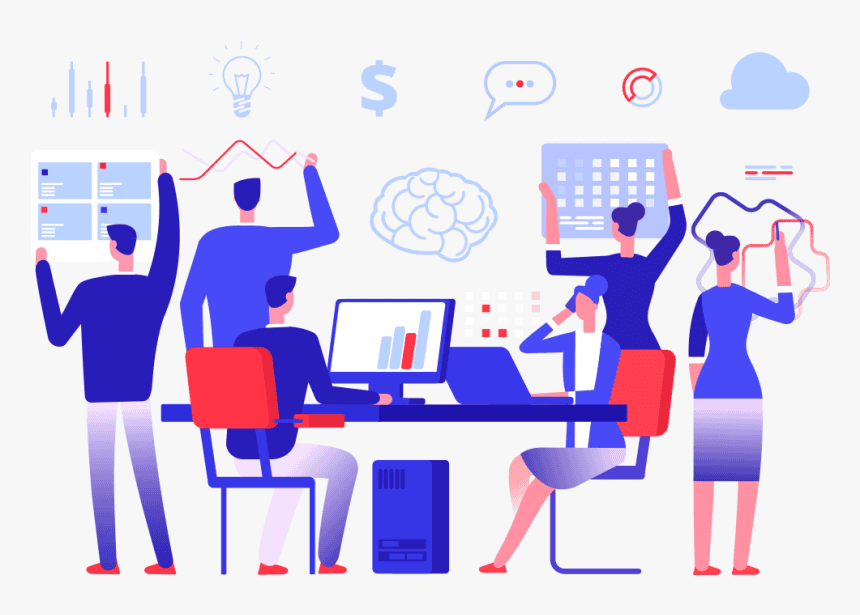 Ар талд нь янз бүрийн дүрс бүхий компьютер, график, график ашиглан оффист ажиллаж буй зургаан энтрепренеровын зураг. - Business.MN