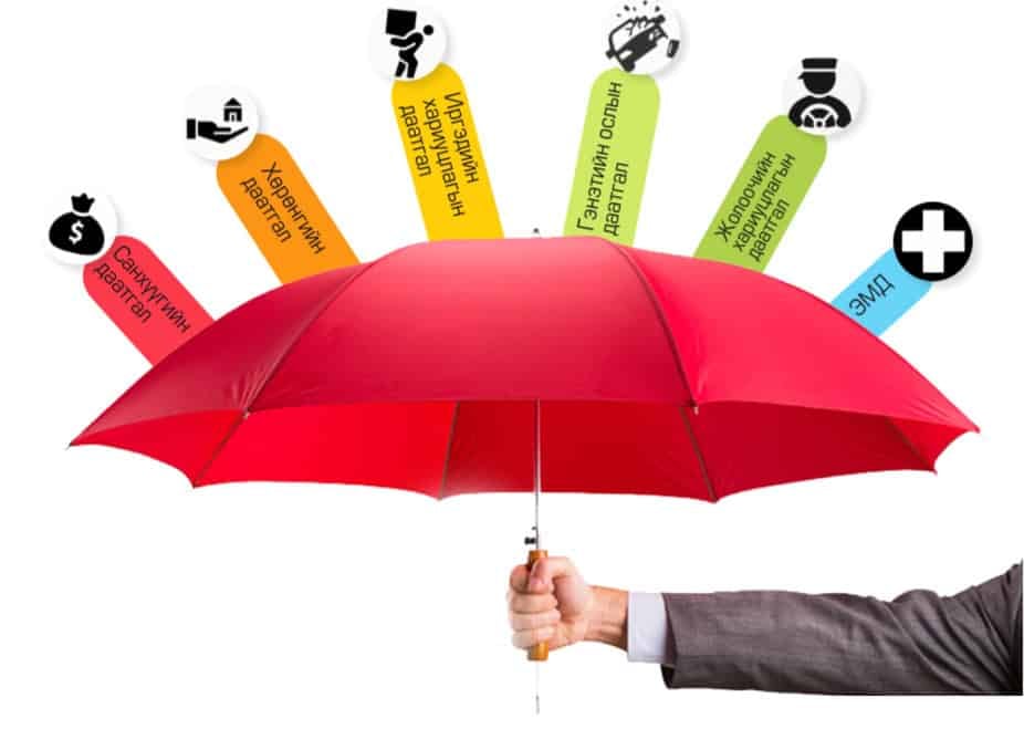 Гар нь улаан шүхэр барьж, санхүүгийн болон эрүүл мэндийн тухай ойлголтыг илэрхийлсэн дүрсүүдийг хамгаалж байна. Дүрс бүр монгол бичвэрийн шошготой. Шүхэр нь хамгаалалт, хамрах хүрээг бэлэгддэг. - Business.MN