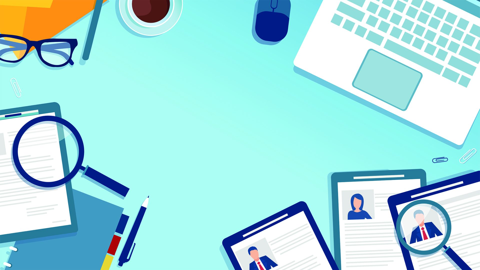 Зөөврийн компьютер, хулгана, кофены аяга, нүдний шил, тэмдэглэлийн дэвтэр, үзэг, хэд хэдэн анкет бүхий ажлын байрны зураг. Энэ үзэгдэл нь өсөн нэмэгдэж буй компанид ажилд элсүүлэх эсвэл өргөдөл гаргагчийг шалгах үйл явцыг санал болгож байна. Арын дэвсгэр нь цайвар цэнхэр өнгөтэй, голд нь хангалттай зайтай. - Business.MN