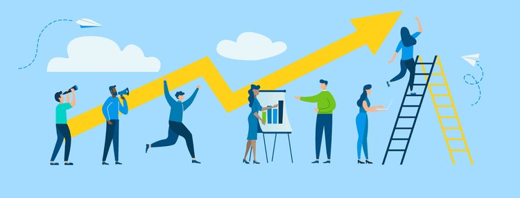 Цайвар цэнхэр дэвсгэр дээр янз бүрийн үйл ажиллагаа явуулж буй зургаан хүнийг харуулсан зураг. Хацарт шар сум нь дээшээ чиглэж, өсөлтийг бэлэгддэг. Бүлэгт график судалж, шатаар авирч, амжилтаа тэмдэглэдэг энтрепренер багтдаг. Цаасан онгоц, үүлнүүд цаанаа л байна. - Business.MN