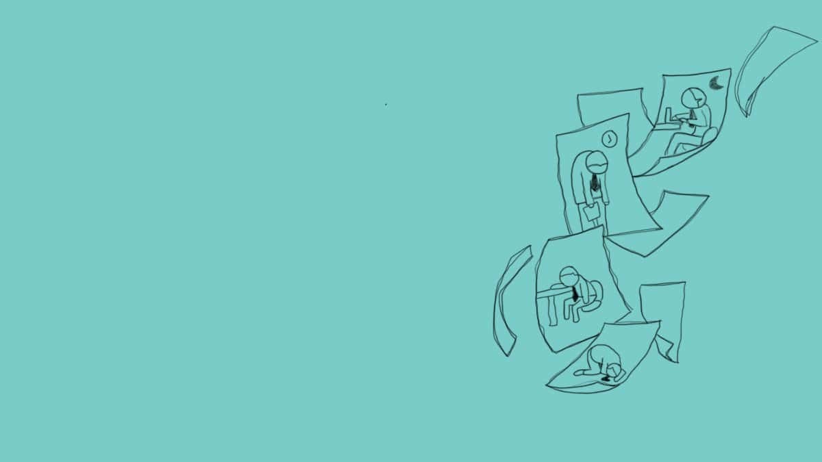 Цайвар цэнхэр дэвсгэр дээр тархай бутархай цаасан дээр сурч, ажиллаж, унтаж буй энтрепренерийн тойм зураг. - Business.MN