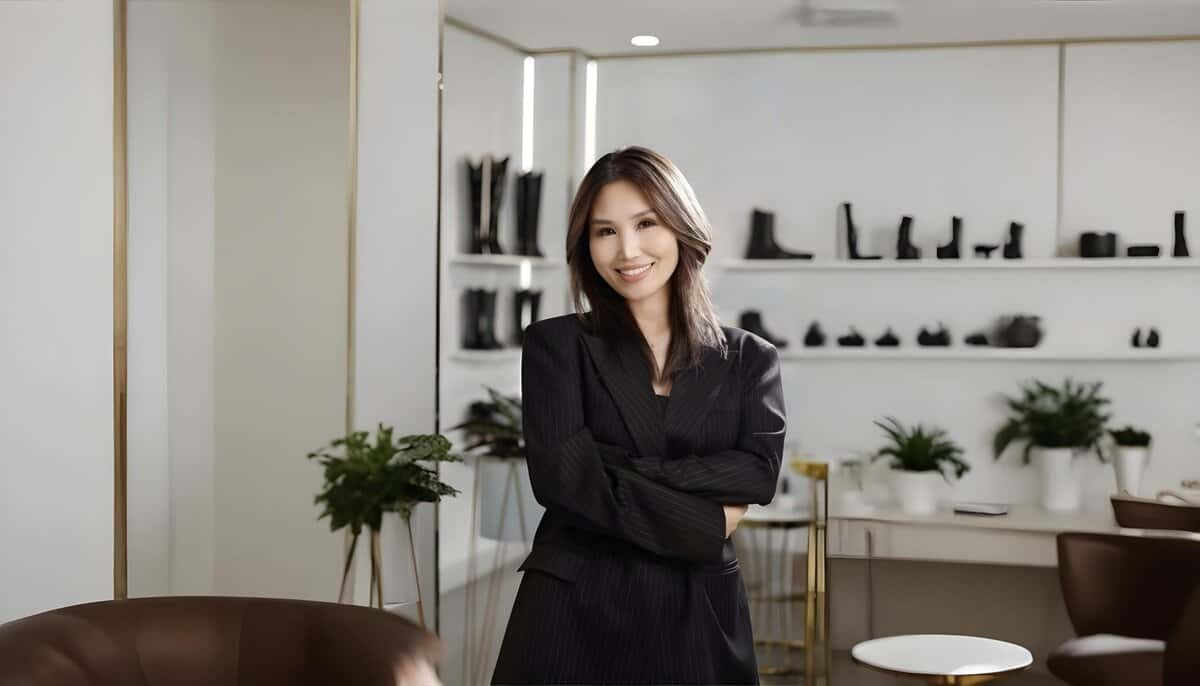 A smiling woman stands with arms crossed in a modern room, exuding Диваажин мэт тав тух. Shelves display various boots and shoes, complementing her black outfit. The chic space, adorned with potted plants, embraces a stylish, minimalist design.