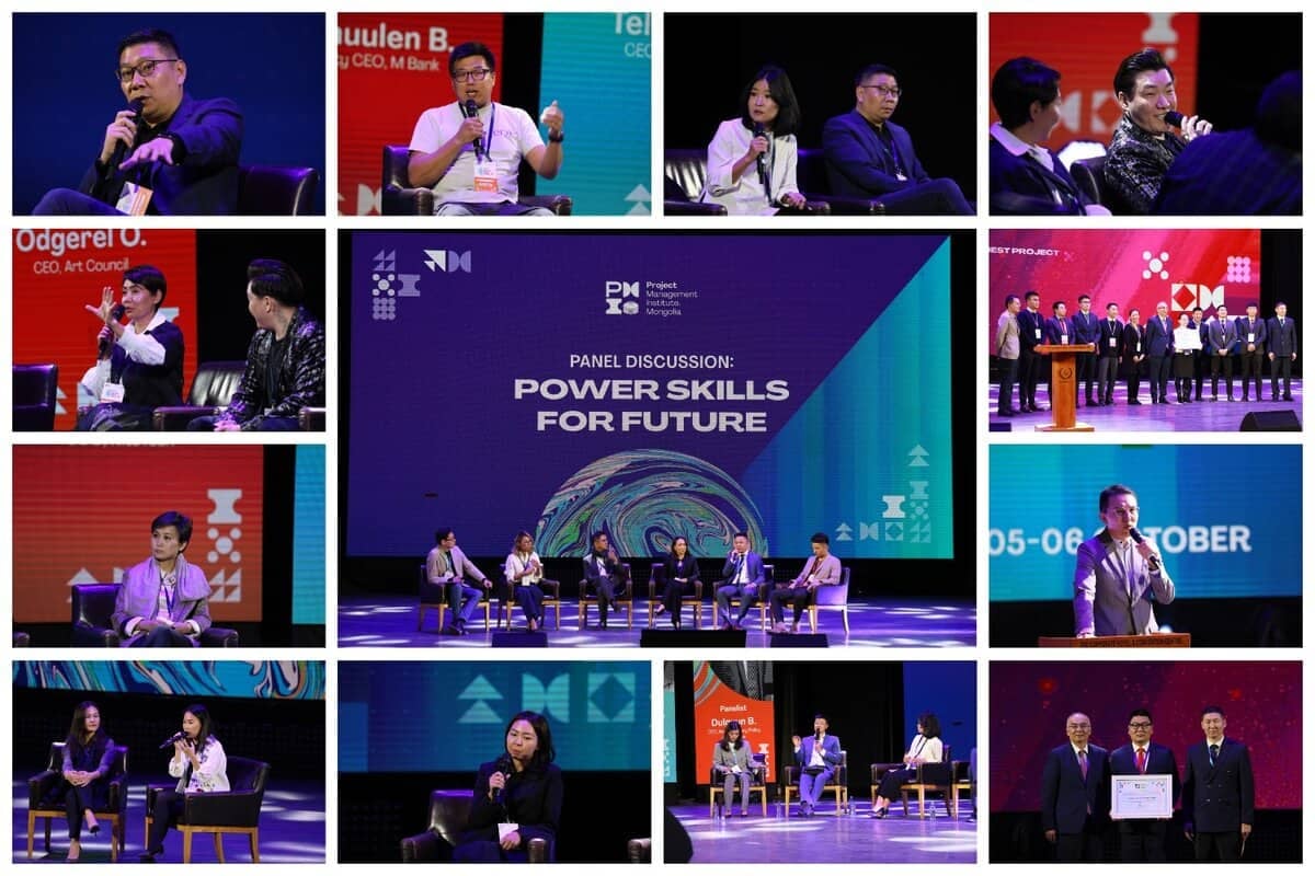 Чуулганы илтгэгчид болон хэлэлцүүлэгт оролцогчдыг харуулсан гэрэл зургийн эвлүүлэг. Төвийн зураг дээр "Ирээдүйд зориулсан хүч чадлын ур чадвар" сэдэвт хэлэлцүүлгийг харуулж байна. Нэмэлт зургууд нь энтрепренерүүд болон представители компанийг тайзан дээр ярьж, хэлэлцүүлэгт оролцож, шагнал гардуулах ёслолд оролцож буйг дүрсэлдэг. - Business.MN