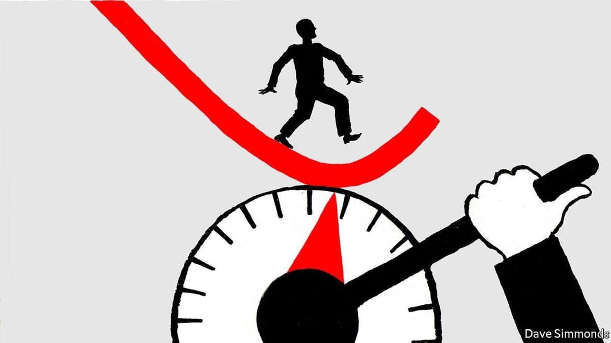 Цариг эргүүлж буй гараар удирддаг царигийн дээгүүр буурч буй улаан шугам дээр тэнцвэржүүлж буй бизнес эрхлэгчийн дүрслэл. - Business.MN