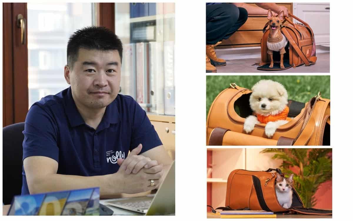 Зүүн талд: Хар хөх өнгийн поло цамц өмссөн богино хар үстэй хүн албан тасалгааны ширээний ард үл ялиг инээмсэглэн сууж байна. Баруун талд: Гурван зураг нь жижиг нохойг үүрч, ижил төстэй цүнхэнд сэвсгэр гөлөг, мөн цагаан саарал зулзагыг зөөвөрлөж, гэрийн тэжээвэр амьтдад ээлтэй бизнесийн үйл ажиллагаанд үнэнч байдгийг гайхалтай харуулж байна. - Business.MN