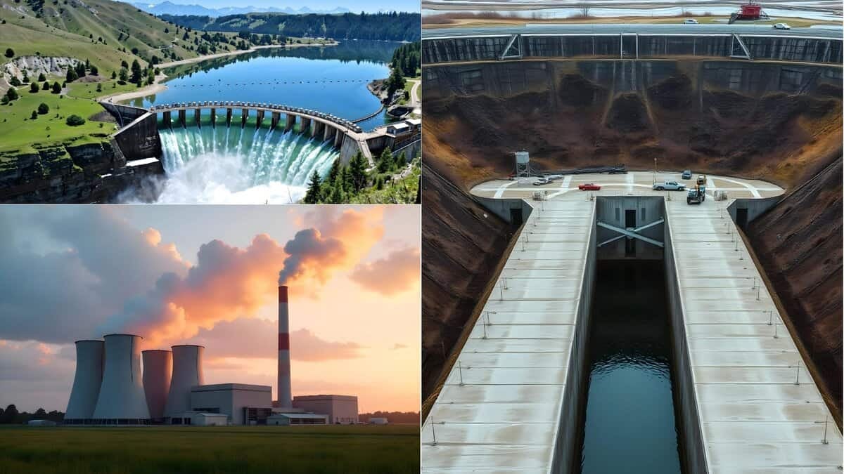 A collage with four images: a dam releasing water in a green valley, an industrial plant's smokestacks at sunset, the bustling site of Эрдэнбүрэн's emerging infrastructure, and a hydroelectric power station with its reservoir and bridge, showcasing progress on the 14 мега төсөл.