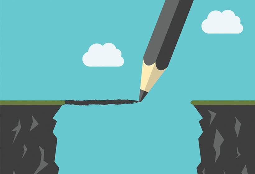 Аварга харандаагаар хоёр хадны хоорондох гүүрийг зурж буй дүрслэл нь холболт үүсгэхийг санал болгож байна. Арын дэвсгэр нь цайвар цэнхэр, хоёр цагаан үүлтэй. Энэ нь энтрепренер бизнес дэх хүсэл тэмүүлэл, бодит байдлын хагарлыг бараг холбож, шинэлэг шийдлүүдийг хэрхэн гаргаж болохыг бэлгэддэг. - Business.MN