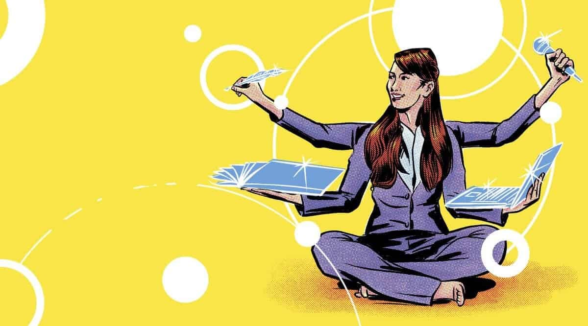 Шар дэвсгэр дээр завилан сууж буй костюмтай энтрепренерийн дүрслэл. Тэрээр олон гартай, зөөврийн компьютер, микрофон, цаас барьдаг бөгөөд энэ нь олон ажил хийж, янз бүрийн үүрэг хариуцлагыг үр дүнтэй даван туулахыг бэлэгддэг. - Business.MN