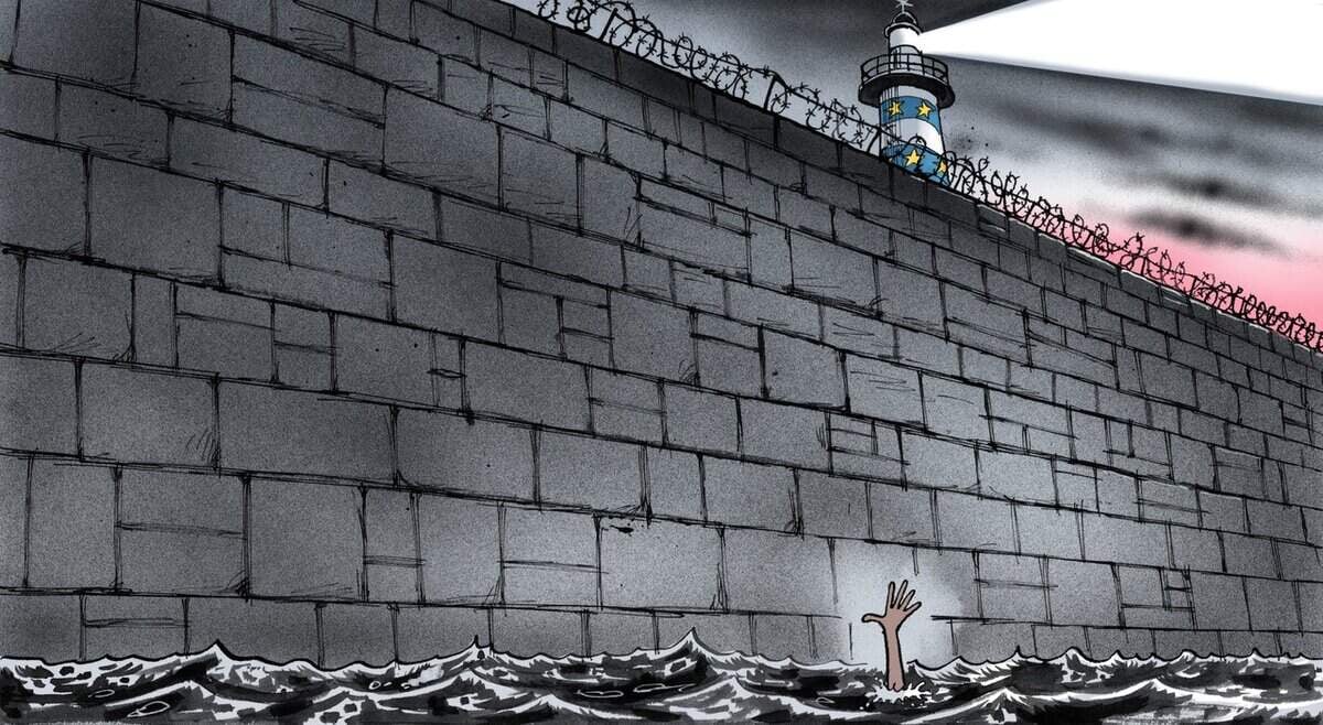 Өргөст утсаар хучигдсан өндөр хана, ЕХ-ны ододоор чимэглэсэн гэрэлт цамхагийн дэргэд уснаас гараа сунгаж байгаа нь компаниа байгуулах сорилтыг даван туулж буй энтрепренерийн тэмцлийг бэлэгддэг. - Business.MN