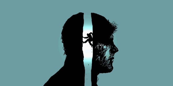 Дунд хэсэгт нь авирч буй жижиг дүрсийг харуулсан эрэгтэй хүний дүрс, дундуур нь гэрэлтсэн шугамтай. Арын дэвсгэр нь цул цайвар өнгөтэй. - Business.MN