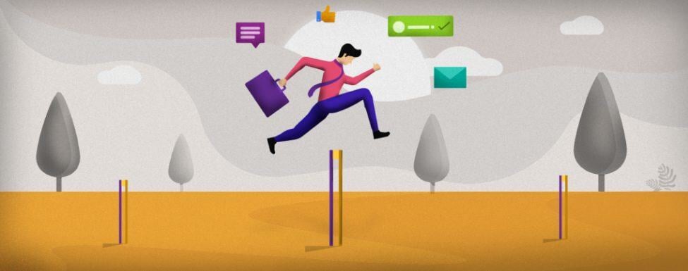 Illustration of a person in business attire jumping over hurdles, holding a briefcase. Surrounding them are icons for messages, likes, and emails, set against a backdrop of trees and clouds.
