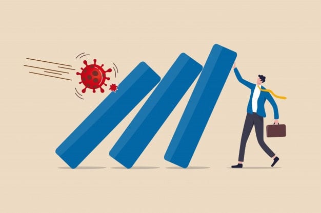 Бизнесийн сорилтуудыг даван туулж буй вирусын тэмдгийн эсрэг унасан зураасан графикийг барьж буй шийдэмгий энтрепренерийн зураг. - Business.MN