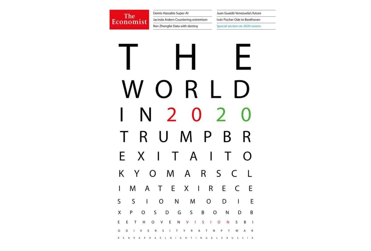 The Economist сэтгүүлийн нүүрэнд "2020 ОНД ДЭЛХИЙН ДЭЛХИЙ"-г үгийн хайлттай төстэй загвараар харуулсан бөгөөд компани, бизнес зэрэг сэдвүүдийг онцлон, сонирхолтой мозайкаар сүлжсэн байна. - Business.MN