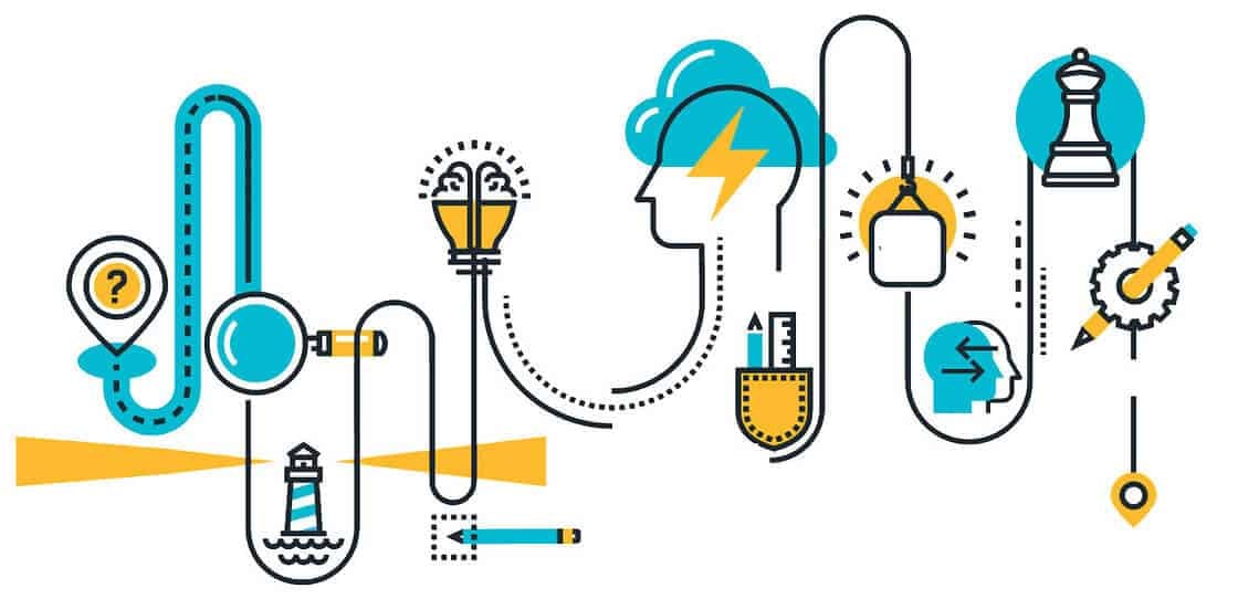 Харилцан уялдаатай дүрсүүдийн дүрслэл: чийдэн, толгойн профайл, үүл, гэрэлт цамхаг, шатрын хэсгүүд, газрын зургийн маркер, харандаа, захирагч. Энтрепренер сэдэв, бизнесийн санааг харуулахад тохиромжтой. - Business.MN