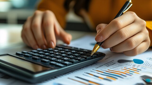 Close-up of a person's hands using a calculator and holding a pen over financial documents with charts, exploring Цалин урамшууллын системийг яаж оновчтой хийх вэ.