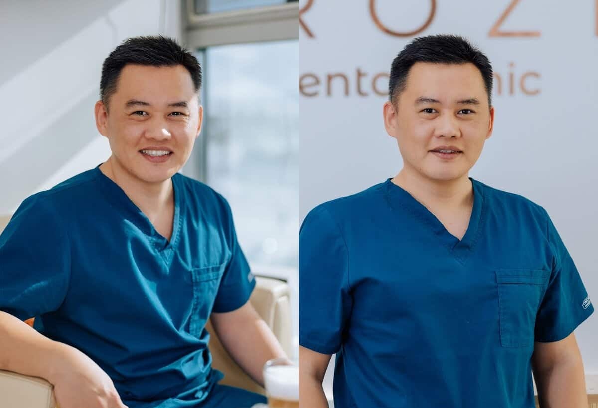 Цэнхэр эмнэлгийн скраб өмссөн хүний хажуугийн зургууд. Тэр хоёр зураг дээр инээмсэглэж байна; зүүн талд тэрээр дотор нь тайван байдалд сууж, баруун талд нь төвийг сахисан дэвсгэртэй зогсож байна. Энэхүү эмнэлгийн мэргэжилтэн нь эрүүл мэндийн салбарт өөрийн компанийг эхлүүлж буй энтрепренерийн сүнсийг агуулдаг. - Business.MN