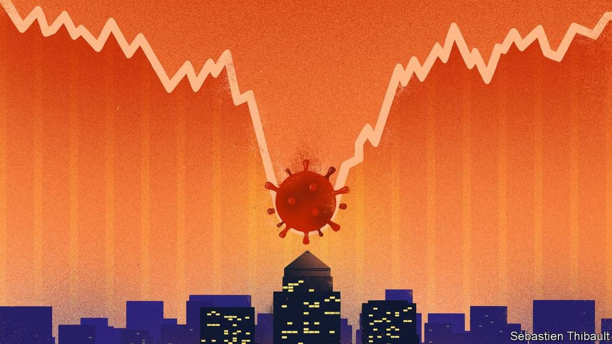 Нар мандах/шингэх үед хотын өнгө үзэмжийн дунд вирусын дүрс бүхий огцом бууралт, өсөлтийг харуулсан график нь бизнес эрхлэгчдэд тулгарч буй сорилтуудыг тусгасан Себастьян Тибо. - Business.MN