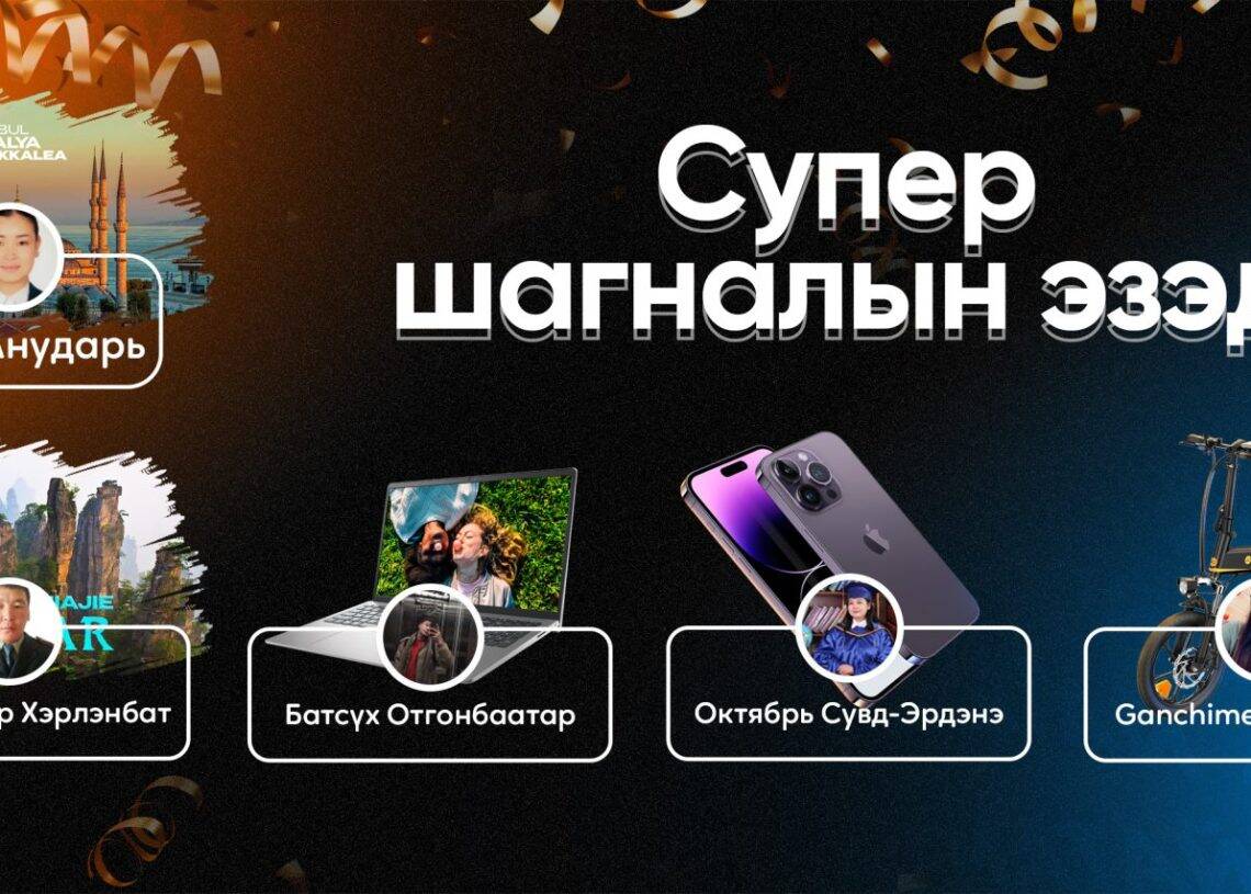 Таван ялагч, бүх бахархалтай бизнес эрхлэгчид, тэдний гэрэл зураг, шагналын хамт сурталчилгааны баннер. Болд Анударь аялал, Харжаагийн Өтэгболд Apple VR чихэвч, Батцэк Отгонбаатар MacBook, Октабр Суйла-Эрдэнэ iPhone, Доржсүрэнгийн Ганчимэг цахим дугуй тус тус шагнасан байна. Текст - Business.MN