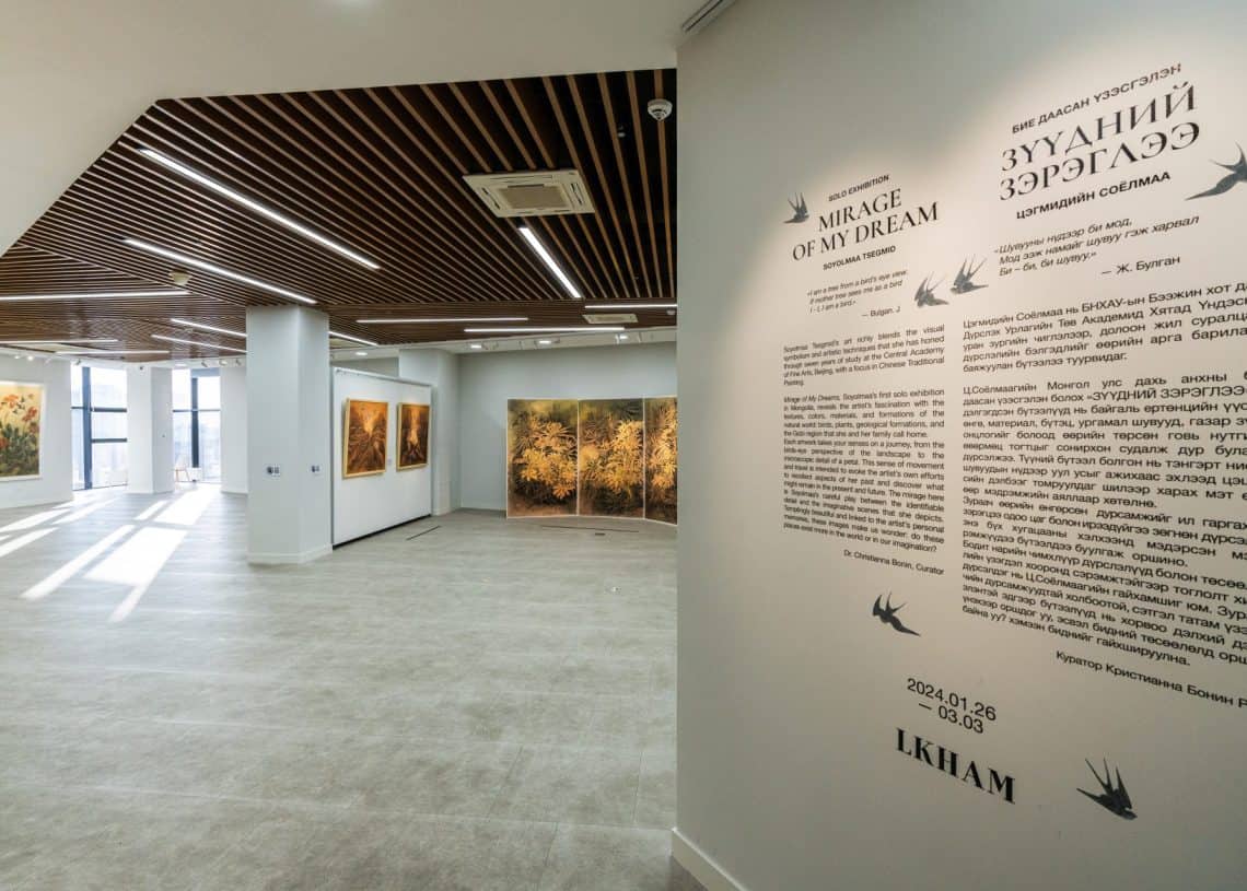 Хурц гэрэлтүүлэг бүхий орчин үеийн урлагийн галерей нь ханан дээрх том хэмжээтэй, жаазтай зургуудыг харуулдаг. Ханан дээр "Миний мөрөөдлийн гайхамшиг" гэсэн гарчиг, өөр хэл дээрх мэдээлэл зэрэг бичвэрүүд харагдана. Тааз нь модон хавтантай, шал нь цайвар саарал өнгөтэй - хотын урлаг сонирхогчдод зориулсан жинхэнэ ариун газар. - Business.MN