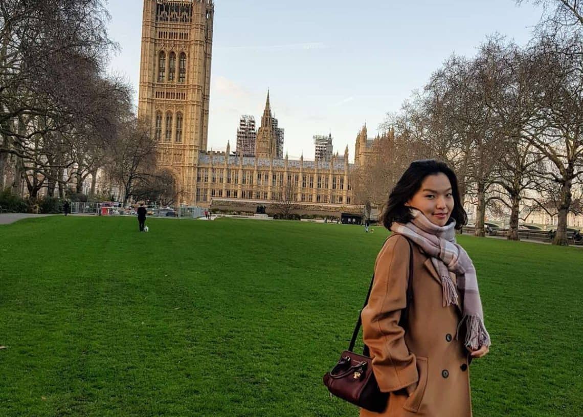 Хүрэн дээл, ороолт өмссөн хүн зүлэг ногоотой газар зогсож, УИХ-ын ордонтой модод дунд элэгтэй увдис төрүүлнэ. Тэнгэр цэлмэг, цэнхэр өнгөтэй байгаа нь энэхүү үзэсгэлэнт үзэгдлийн уран сайхны уур амьсгалыг нэмж байна. - Business.MN