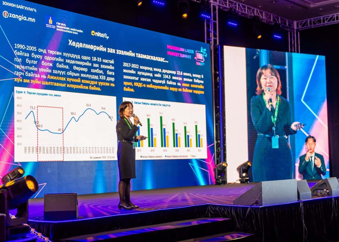 Монголын хөдөлмөрийн зах зээлийн чуулга уулзалт 2024 дээр илтгэгч тайзан дээр зогсож асуудал, шийдлийг том дэлгэц дээр харуулсан графикаар танилцуулж байна. Тэд микрофон руу ярьж байгаа бол өөр дэлгэц нь шууд видео бичлэгийг харуулж байна. Тайзны гэрэлтүүлэг, төрөл бүрийн баннерууд нь сэтгэл татам уур амьсгалыг бүрдүүлдэг. - Business.MN