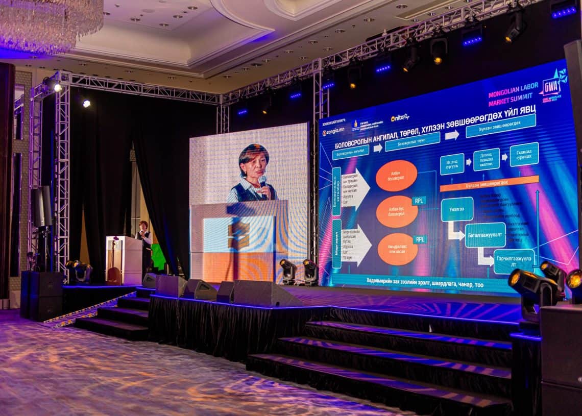 Монголын Хөдөлмөрийн зах зээлийн дээд хэмжээний уулзалт 2024 дахь өнгөлөг графикийг харуулсан том дэлгэцийн хажууд тод гэрэлтэй тайзан дээр илтгэгч зогсож байна. Арын дэвсгэр дээр хүний нөөцийн асуудал гэх мэт гол асуудлуудыг онцолсон англи, монгол хэл дээрх баннерууд харагдана. - Business.MN