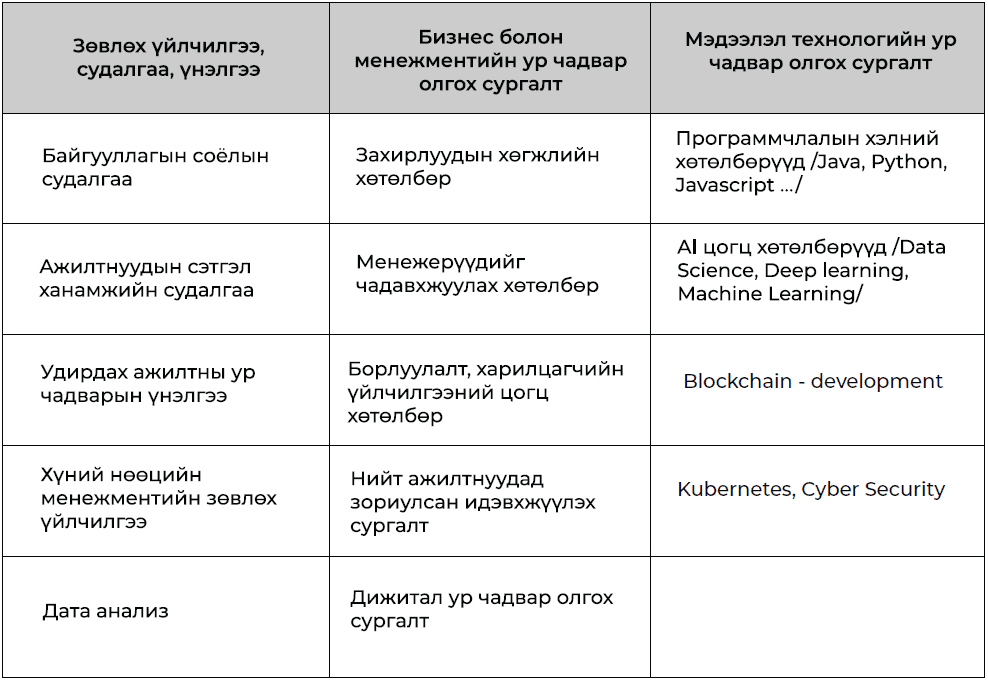 A table with three columns titled in Mongolian: "Зөвлөх үйлчилгээ, судалгаа, үнэлгээ," "Бизнес болон менежментийн ур чадвар олгох сургалт," and "Мэдээлэл технологийн ур чадвар олгох сургалт." Each section explores how байгууллагын соёл бизнесийн гүйцэтгэлд шууд нөл.