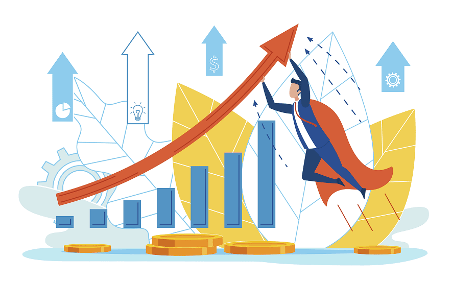 Illustration of a person in a business suit and cape, resembling a superhero, flying upward while holding a rising arrow above bar graphs and coins, symbolizing financial growth and success. Blue arrows and icons in the background.