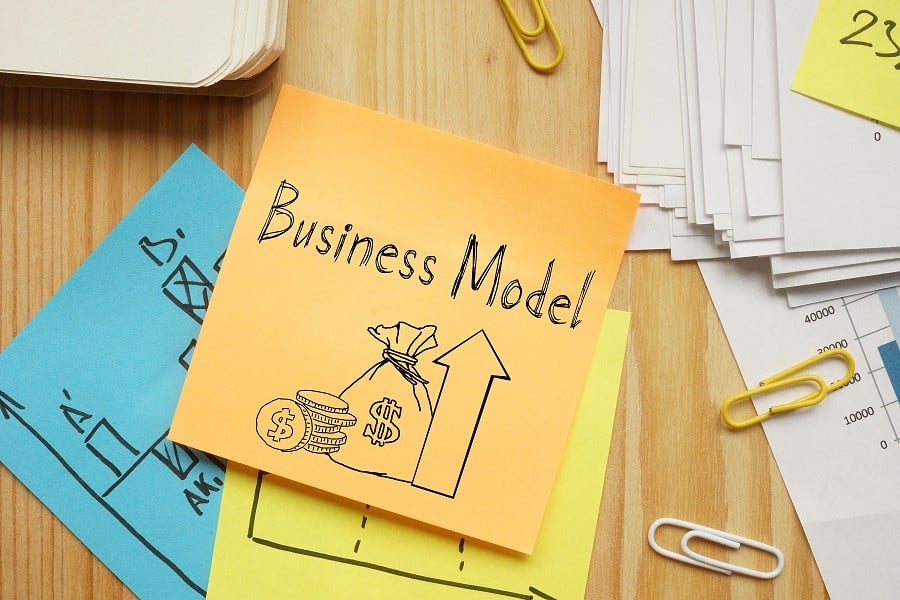 A sticky note labeled "Business Model" with a drawing of coins, a money bag, and an upward arrow is placed on a wooden desk among scattered papers, charts, and colorful paper clips.