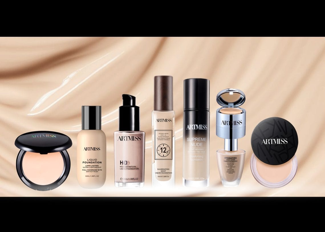 A row of seven ARTIMISS makeup foundation products in various bottles and compacts is displayed against a creamy beige background with makeup swirls.