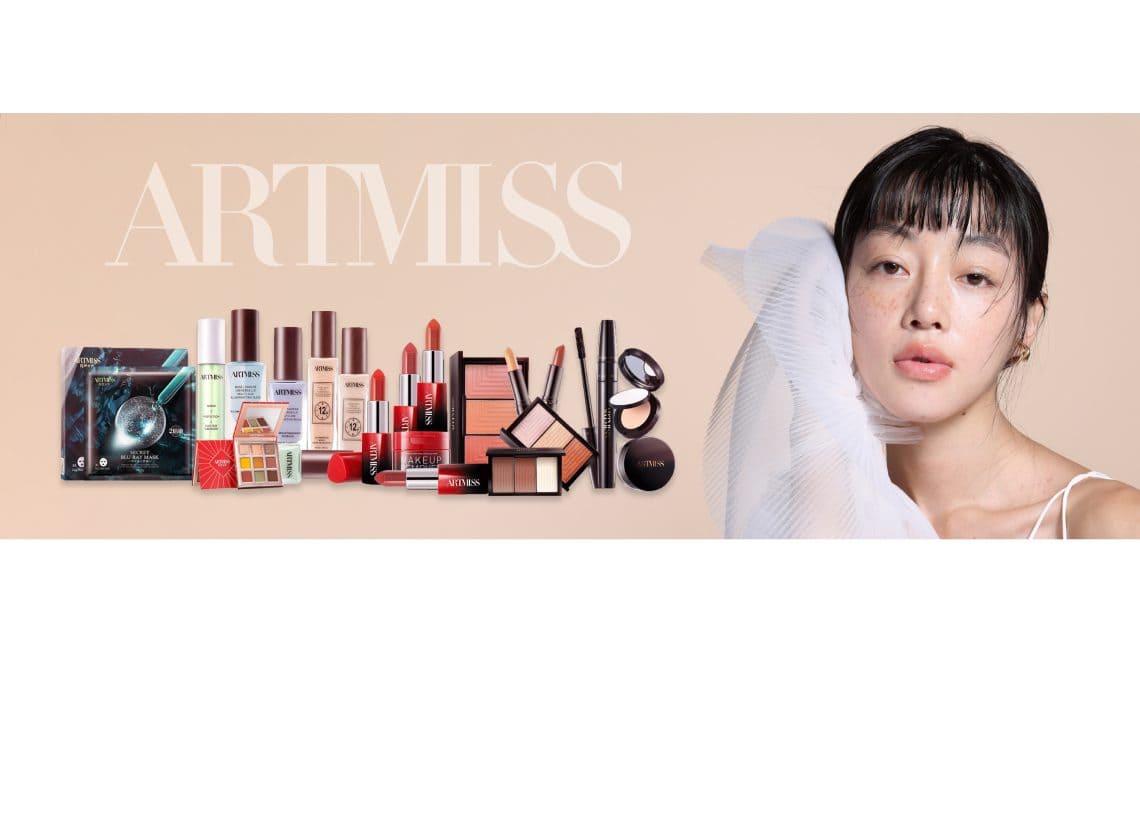 A display of various ARTMISS makeup products is shown on the left, including lipsticks, eyeshadows, and foundations. On the right, a woman with natural makeup and a sheer white fabric poses against a beige background.