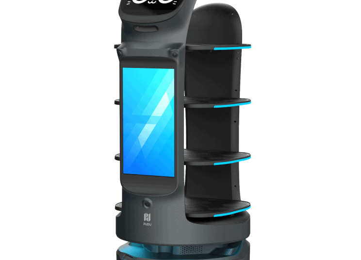 A sleek, cat-themed delivery robot with a digital face displaying large eyes, a screen on its front, multiple shelves on the side, and a dark gray body with blue accents.