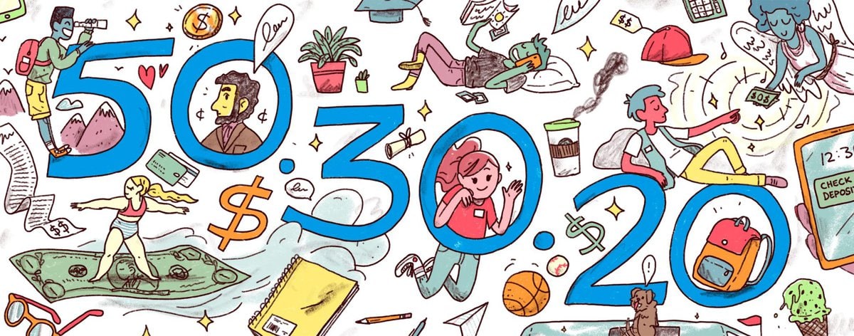 Illustration of the numbers 50, 30, and 20 surrounded by playful drawings, including people, money, a plant, a coffee cup, a backpack, a calendar, and various objects representing budgeting and lifestyle choices.
