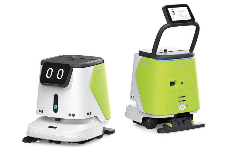 Two green and white robotic cleaning machines are shown; one has a screen with digital eyes, while the other has a touchscreen on a handle, both designed for automated floor cleaning.