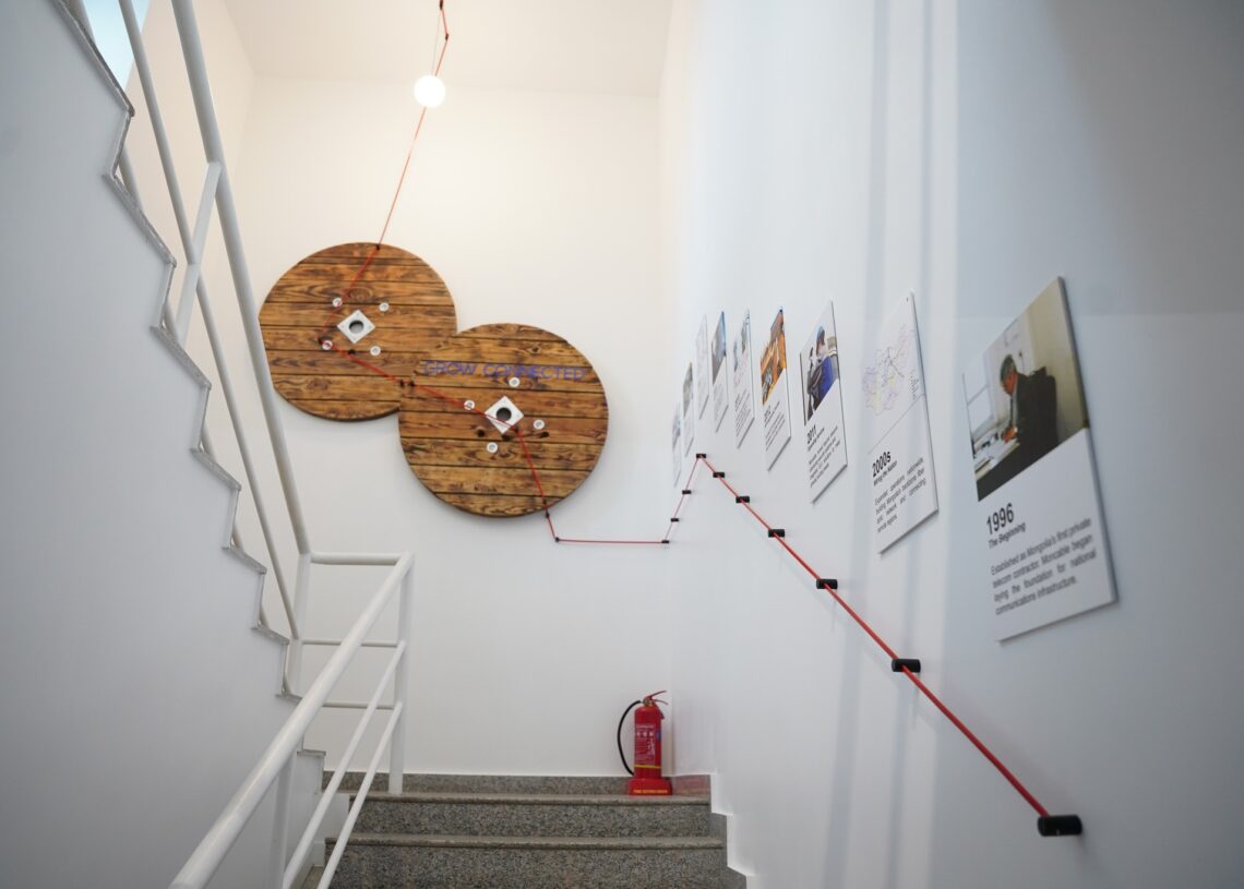 Улаан утсаар холбогдсон мэдээллийн зурагт хуудас бүхий цагаан шат нь ухаалаг барилгын санааг судалж байна. Дээрээс нь утас, гэрэл зураг бүхий хоёр том модон дугуй суурилуулсан; гал унтраагч доорх тавцан дээр сууна. - Business.MN