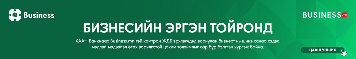 Business.mn, Business FM лого бүхий ногоон туг, амжилттай бизнесийн зээлэнд зориулсан сайн төлөвлөлтийн тухай монгол бичвэр, баруун талд "Цааш унших" гэсэн цагаан товчлуур (Дэлгэрэнгүй унших). - Business.MN