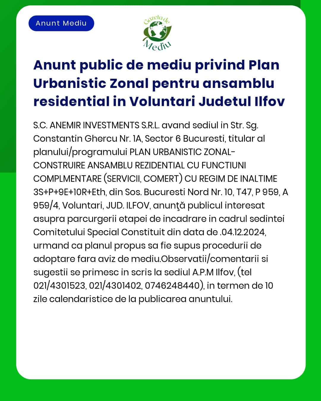 Anunt public de mediu privind Plan Urbanistic Zonal pentru ansamblu re
