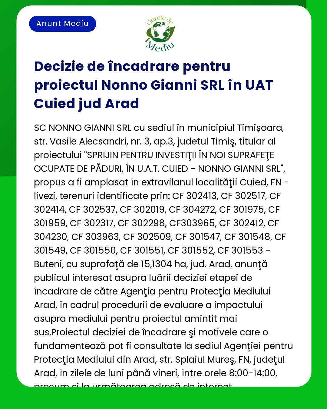 Decizie de încadrare pentru proiectul Nonno Gianni SRL în UAT Cuied ju