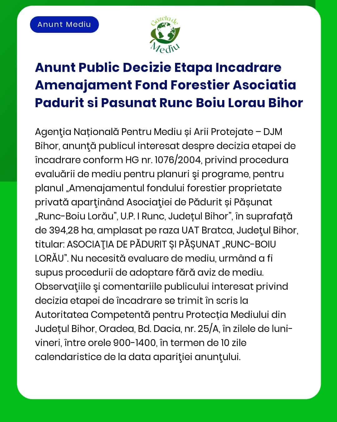 Anunt Public Decizie Etapa Incadrare Amenajament Fond Forestier Asocia