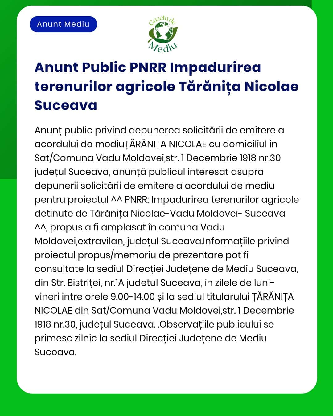 APM aduce la cunoștință depunerea solicitării acordului de mediu pentru ferma Nicolae Suceava din Vadu Moldovei județul Suceava