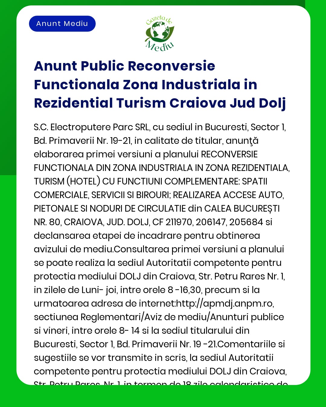 Anunt Public Reconversie Functionala Zona Industriala in Rezidential T