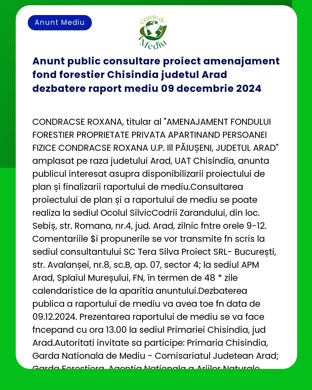 Anunt public consultare proiect amenajament fond forestier Chisindia j
