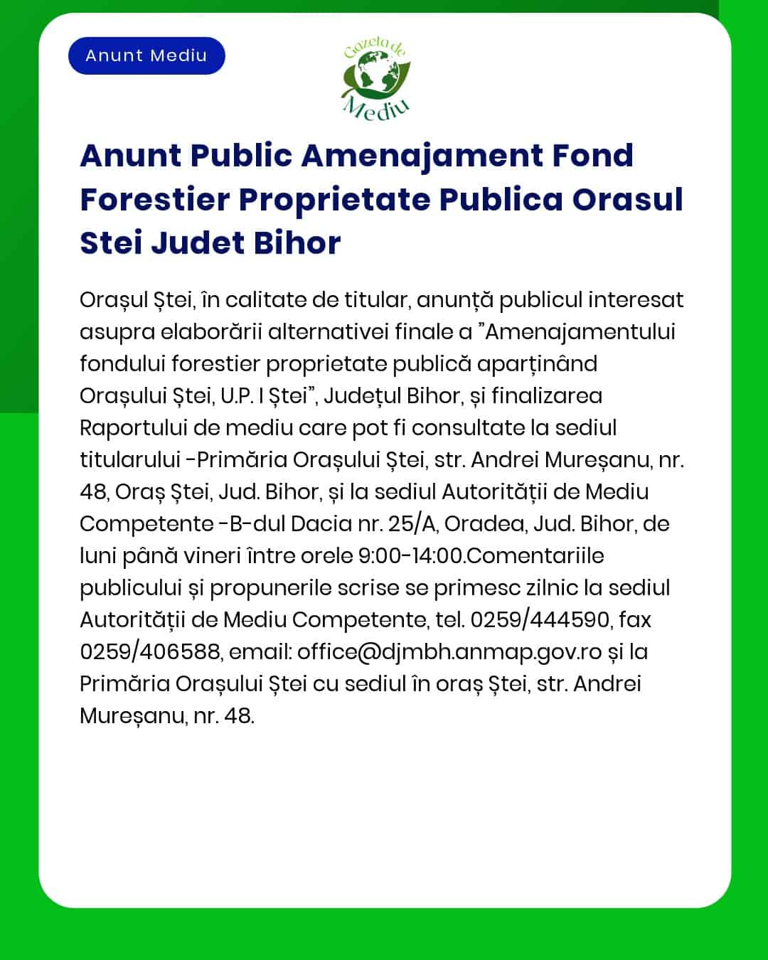 Anunt Public Amenajament Fond Forestier Proprietate Publica Orasul Ste