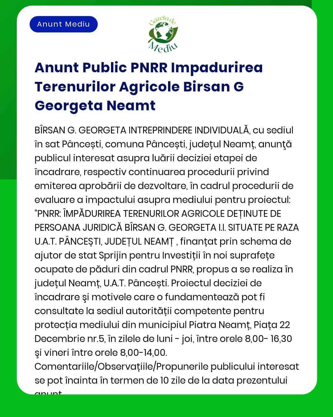 APM anunță decizia de emitere a acordului de mediu pentru proiectul 'Înființare sistem inteligent de management local în comuna Pâncești județul Neamț' titular UAT Comuna Pâncești