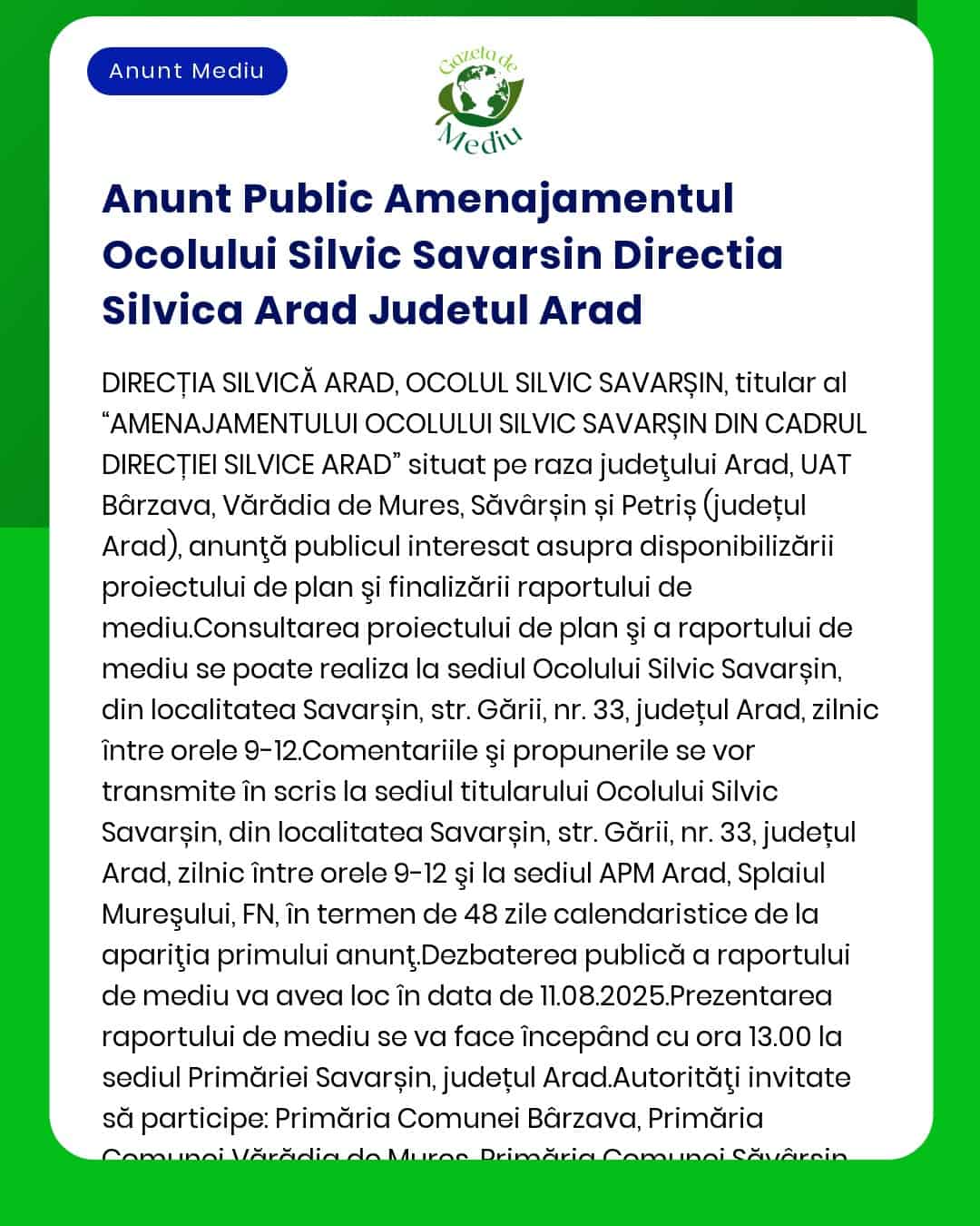 Anunt Public Amenajamentul Ocolului Silvic Savarsin Directia Silvica A