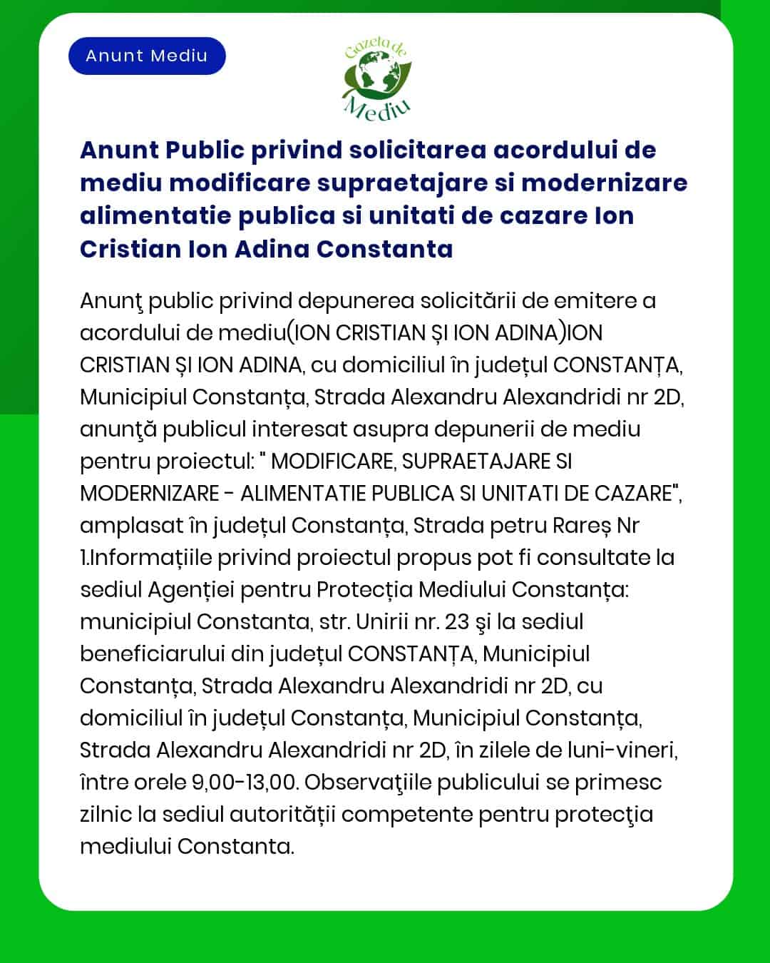 Anunt Public privind solicitarea acordului de mediu modificare supraet