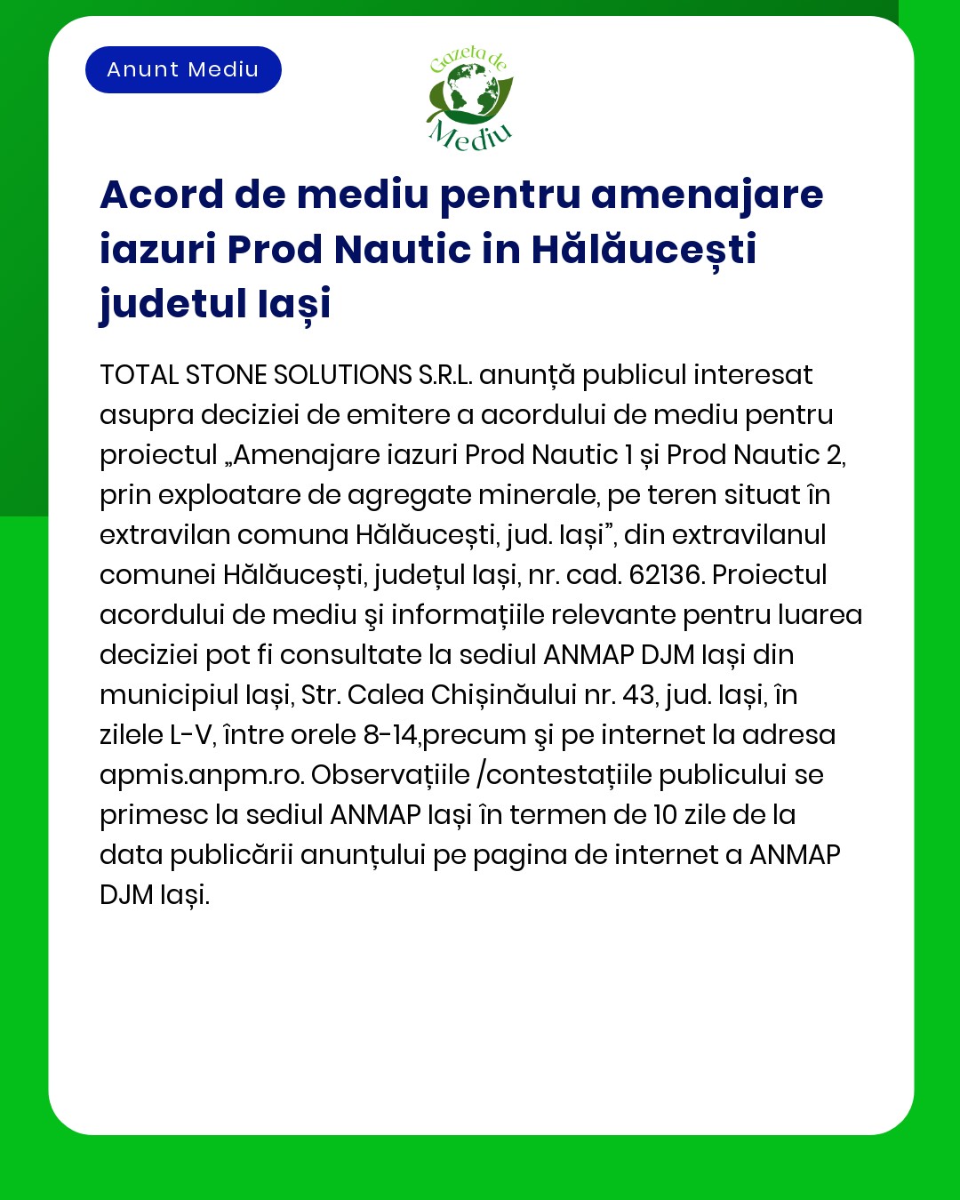 Acord de mediu pentru amenajare iazuri Prod Nautic in Hălăucești judet