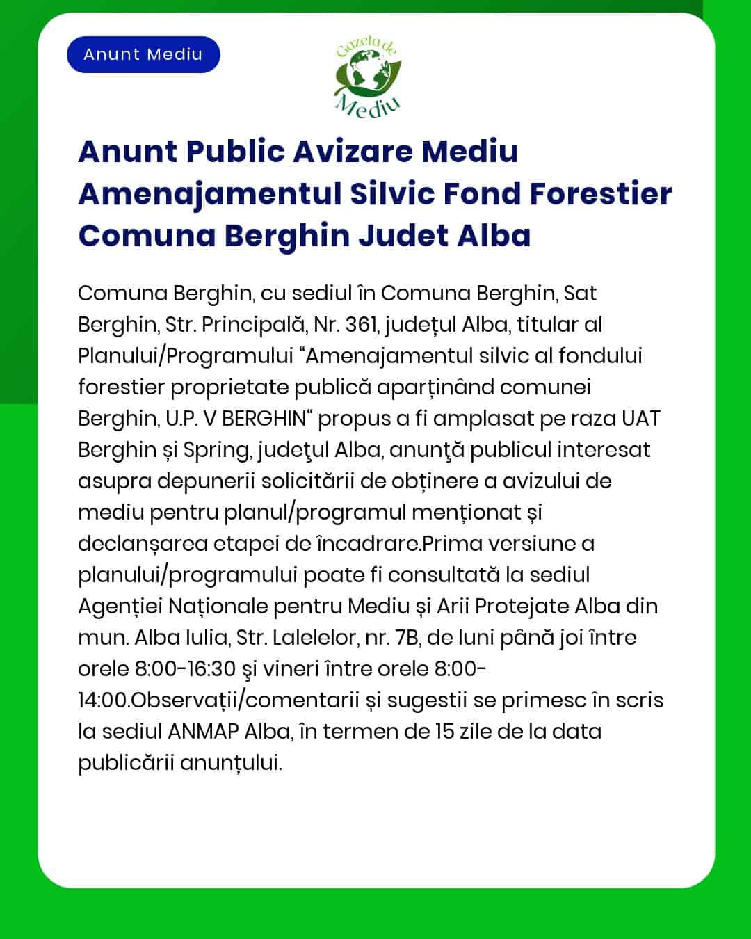 Anunt Public Avizare Mediu Amenajamentul Silvic Fond Forestier Comuna