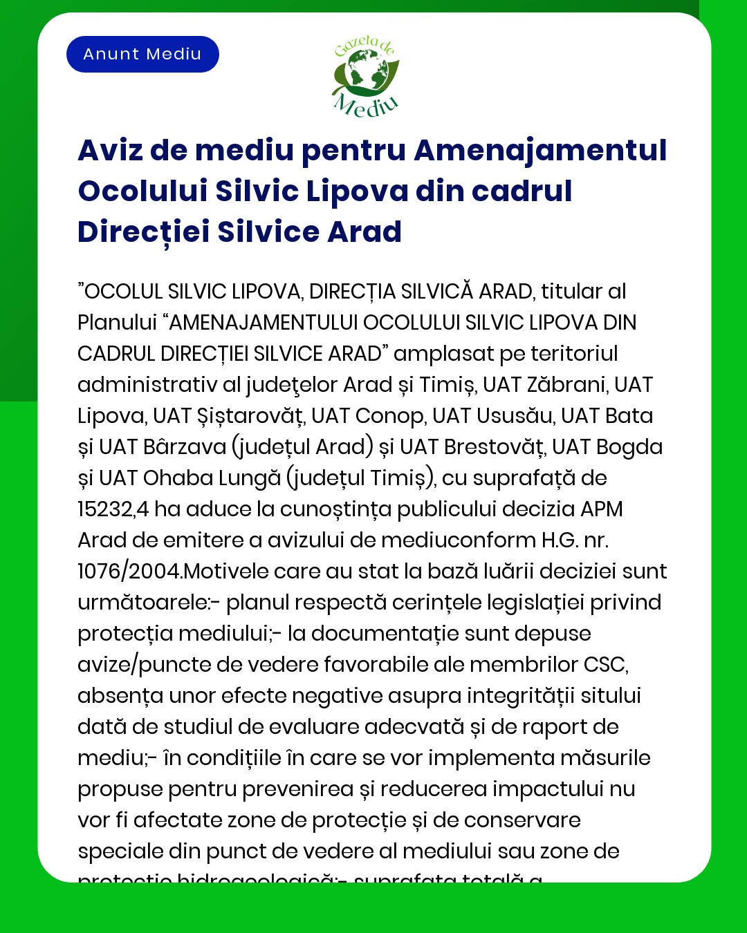 Aviz de mediu pentru Amenajamentul Ocolului Silvic Lipova din cadrul D