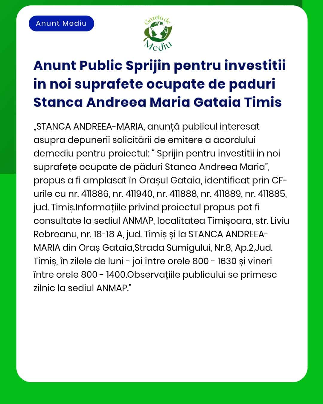 Anunt Public Sprijin pentru investitii in noi suprafete ocupate de pad